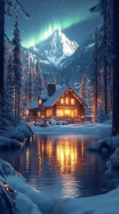 Fototapeta premium Northern Lights Illuminate a Cozy Cabin Beside a Tranquil Lake in a Snowy Mountain Landscape at Night