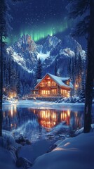 Fototapeta premium Northern Lights Illuminate a Cozy Cabin Beside a Tranquil Lake in a Snowy Mountain Landscape at Night