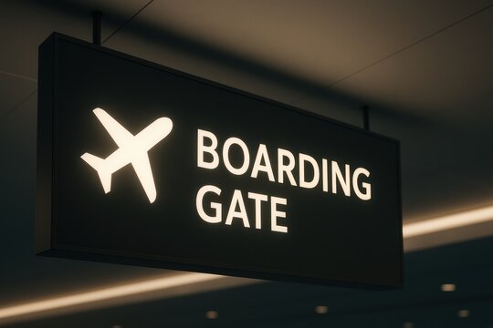 A sign displaying "BOARDING GATE" with an airplane symbol, indicating the area where passengers board flights at an airport.