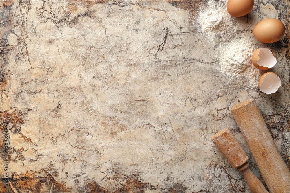 Poster rustic baking scene with eggs flour and rolling pin on a textured beige surface overhead shot for cu