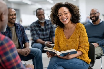 Engaging discussion among friends in a community center during a book club meeting