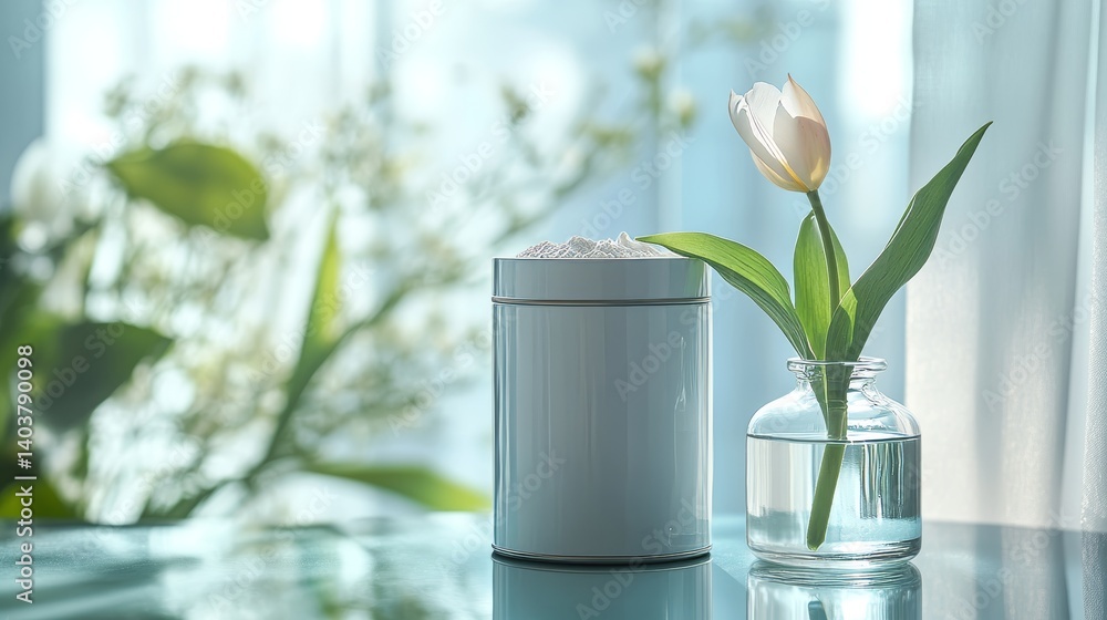 Poster white jar and delicate tulip in sunlight, creating a serene atmosphere with soft fabric backdrop