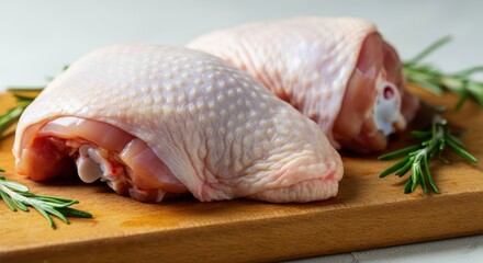 Fresh raw chicken thighs on wooden cutting board with rosemary