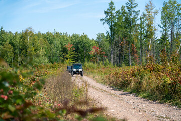 ATV, riding on trail through wooded scenery, north woods all terrain vehicle