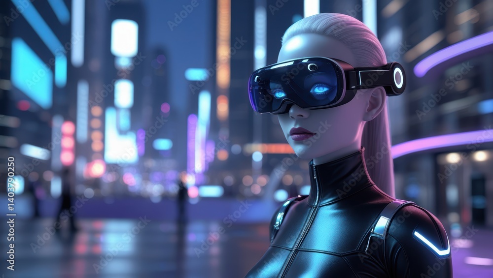 Poster exploring the futuristic cityscape through advanced virtual reality technology