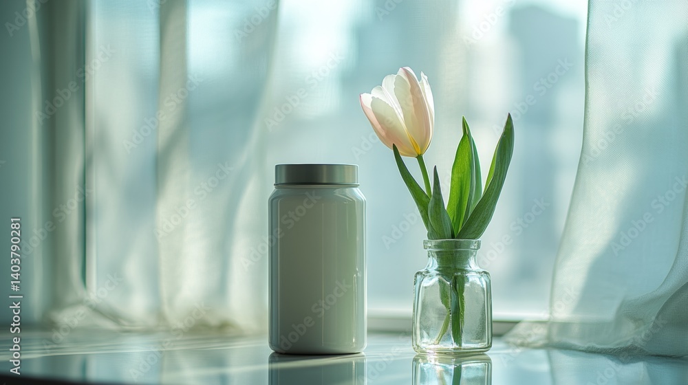 Poster white jar and delicate tulip in sunlight, creating a serene atmosphere with soft fabric backdrop