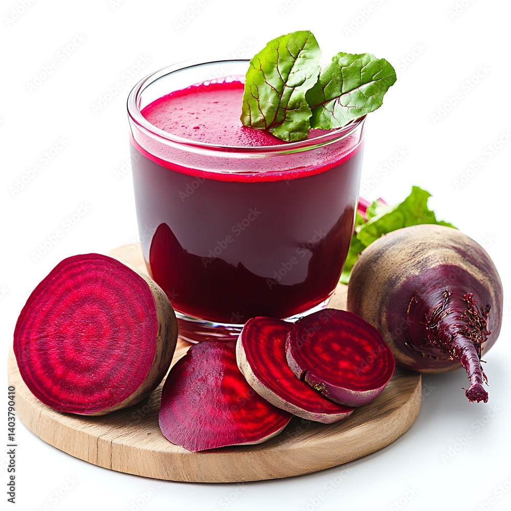 Poster refreshing beetroot juice: a glass of vibrant beetroot juice sits alongside fresh beetroot slices an