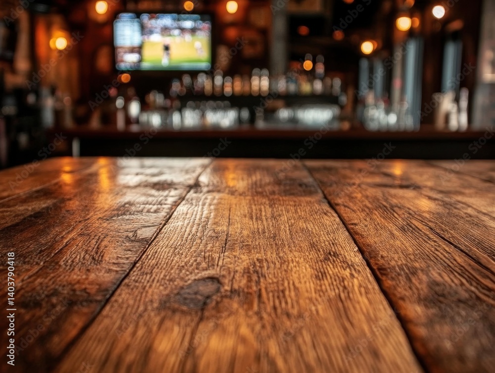 Poster rustic wooden table in a cozy bar with blurred background of drinks and a television screen showing 