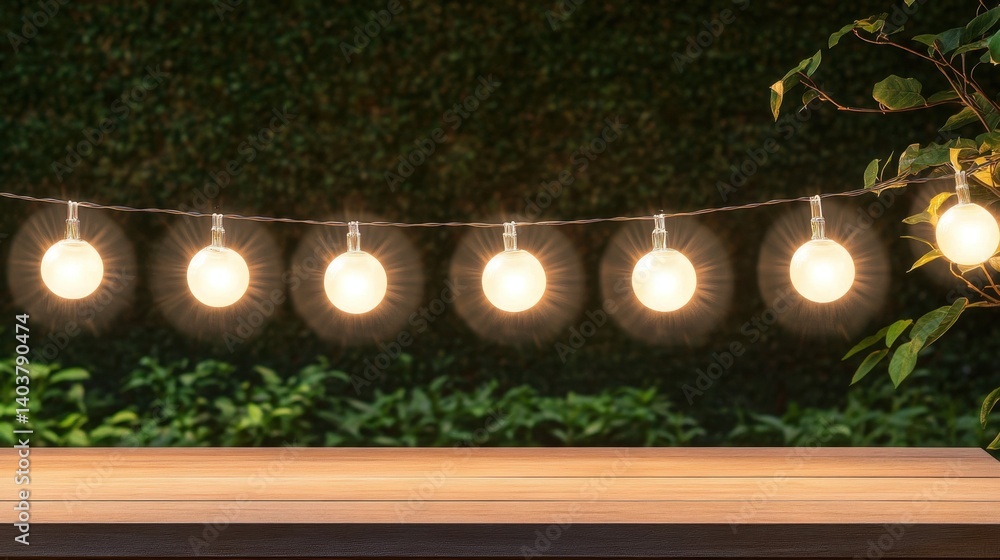 Poster enchanting luminous string lights illuminating a rustic wooden table against a lush green foliage ba
