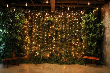 Fototapeta premium A green wall decorated with fairy lights adds a touch of whimsy to an indoor setting, Twinkling fairy lights adding a touch of whimsy