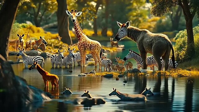 A serene wildlife scene showcasing a diverse group of animals near a tranquil riverbank