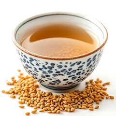 Roasted Barley Tea: A cup of amber-hued roasted barley tea sits beside a scattering of barley grains, showcasing its natural and wholesome origins. 