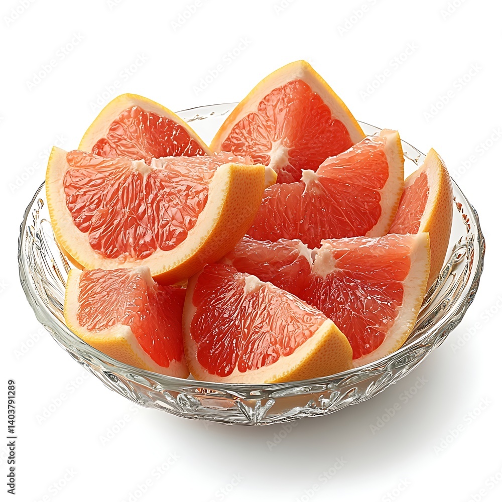 Poster fresh grapefruit slices in a glass bowl: juicy ruby-red grapefruit segments arranged neatly in a cle