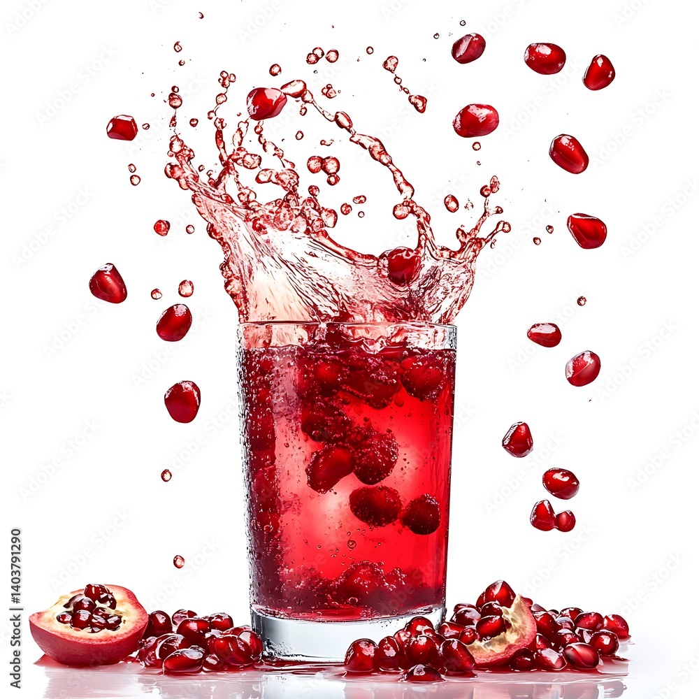 Poster explosive pomegranate splash: a vibrant cascade of ruby-red pomegranate juice erupts from a crystal-