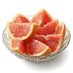 Fresh Grapefruit Slices in a Glass Bowl: Juicy ruby-red grapefruit segments arranged neatly in a clear glass bowl, capturing the vibrant freshness and tangy flavor of this citrus fruit.
