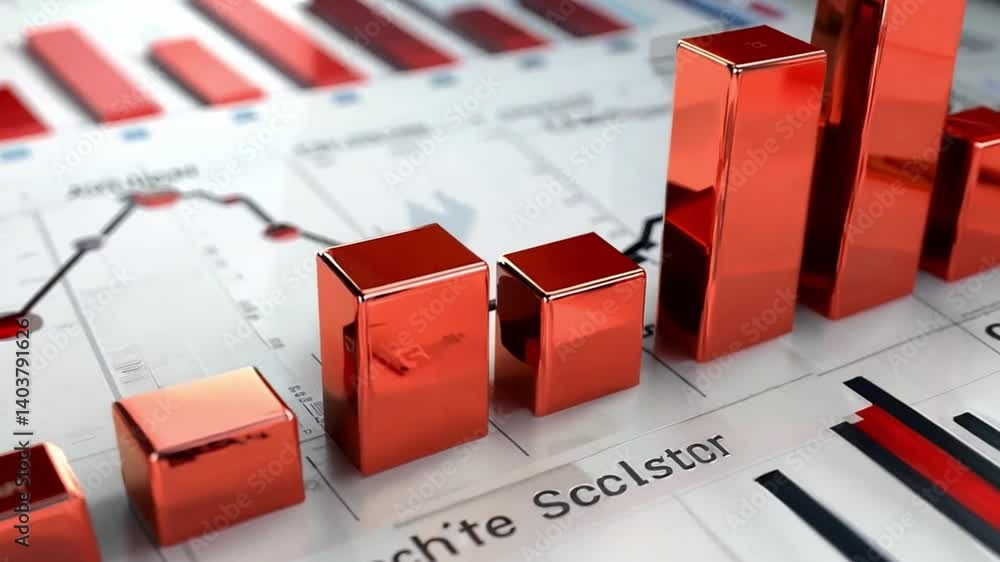 Aufkleber The focus is on vibrant red bar charts and graphs that illustrate financial performance metrics, showcasing data trends and comparisons across different categories over time.