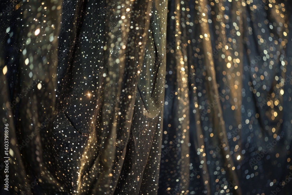 Poster a close-up shot of a shimmering black fabric with embedded gold glitter, creating a dazzling and mes