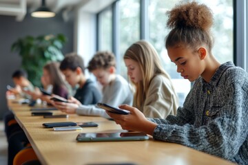 Focused schoolchildren using cellphones while sitting at desks in school classroom interior during break, copy space