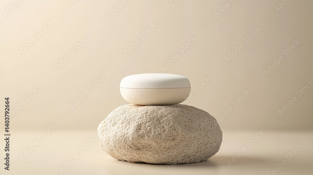 Poster minimalistic design featuring a smooth object resting on a textured stone against a neutral backdrop