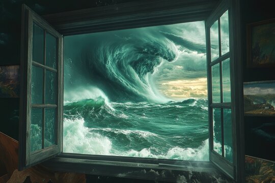 Fototapeta Stormy sea through antique window.  A dramatic view of a powerful tempestuous ocean outside an old wooden window frame