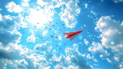 Red Paper Airplane Leading Flock