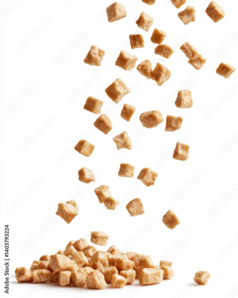 Poster cubed brown sugar falling onto a pile against a white background in a studio setting with soft light