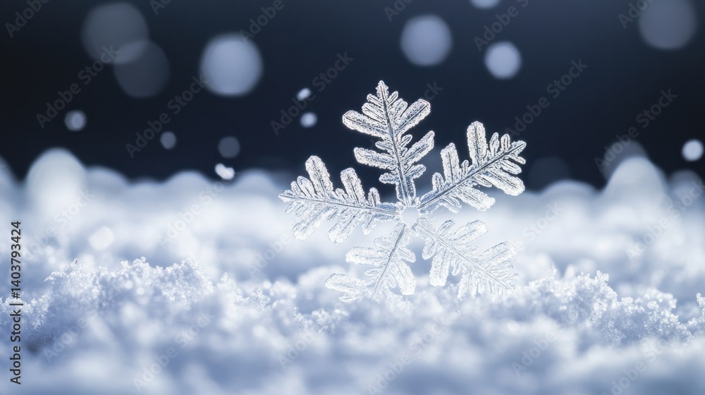 Poster captivating macro shot of a delicate snowflake resting on a bed of fresh snow against a blurred back