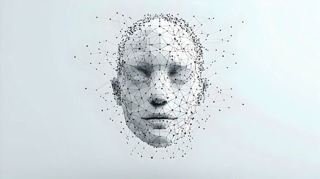 Abstract 3D Digital Face Portrait Design With Geometric Particle Effect on White Background
