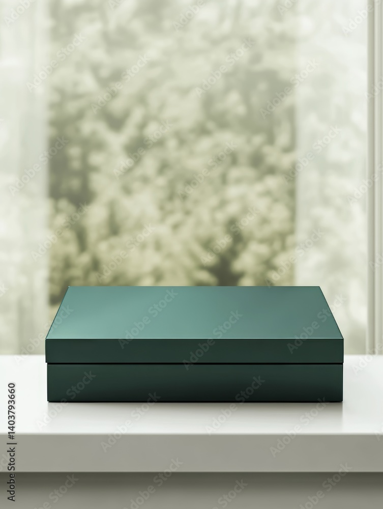 Poster stacked green boxes with textured surface in soft lighting create an artistic display in a minimalis