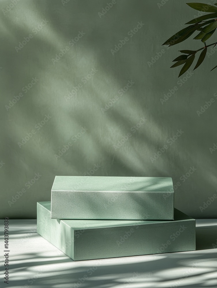 Poster stacked green boxes with textured surface in soft lighting create an artistic display in a minimalis