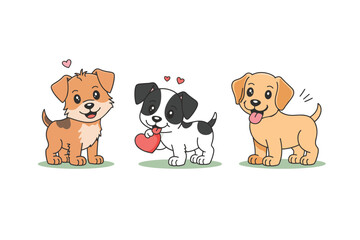 Obraz premium set of cute cartoon dogs in with little heart, flower, gift, white isolate background, vector illustration 
