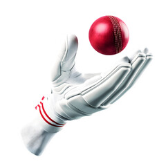 A wicket-keeper's gloved hand gently cradles a crimson cricket ball, poised for the next thrilling delivery against a stark white background.