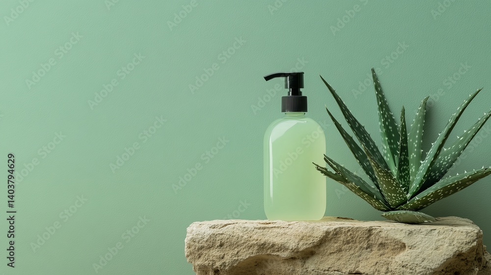 Poster Glass Bottle on a Stone Base Surrounded by Aloe Vera Leaves With Soft Shadows in a Minimalistic Setting During Daylight