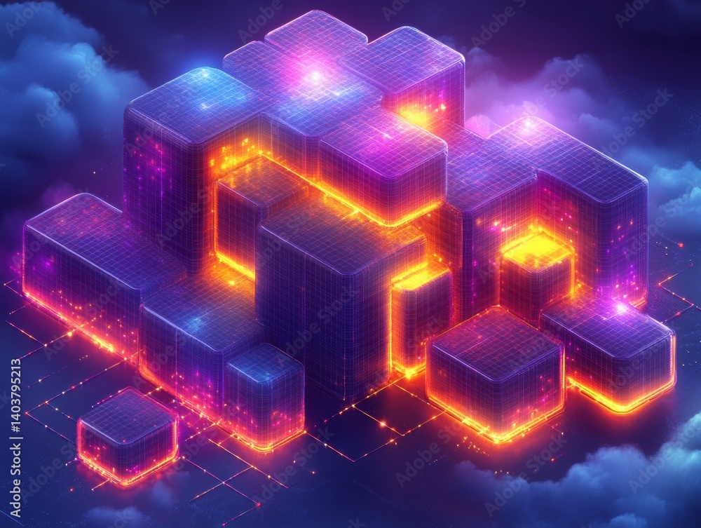 Poster a cluster of glowing, neon-lit cubes in space, surrounded by clouds and stars.