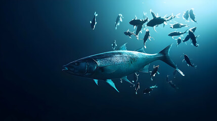 Naklejka premium Large Fish In Dark Ocean With School Of Fish