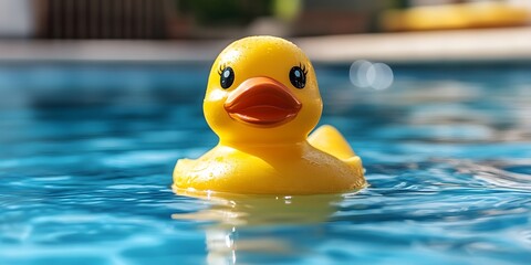 Yellow Rubber Duck Floating in a Clear Blue Swimming Pool Water