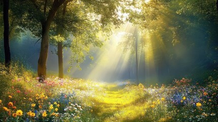 Obraz premium A sunlit path through a flowering meadow in a forest