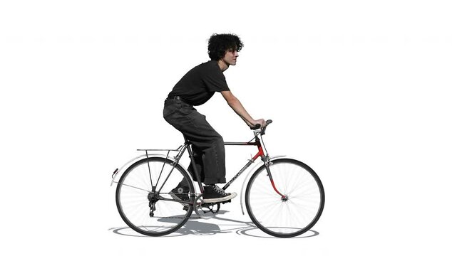 Video of a young man riding a bicycie on white and transparent background. Pre-keyed prores video with an alpha channel and a shadow