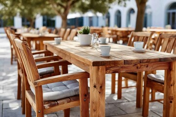 Rustic wooden tables and chairs set for outdoor dining in a sunny courtyard