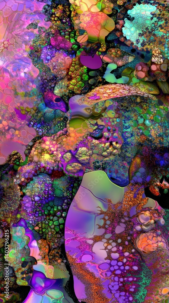 Poster vibrant fractal art with organic shapes and psychedelic colors creating a mesmerizing and intricate 