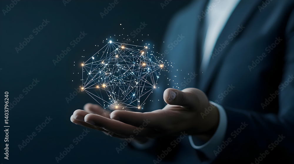 Poster man in dark suit holding illuminated geometric sphere representing data technology and innovation