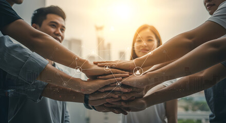 Diverse Team Stacking Hands in Corporate Office Setting Symbolizing Unity and Collaborative Spirit