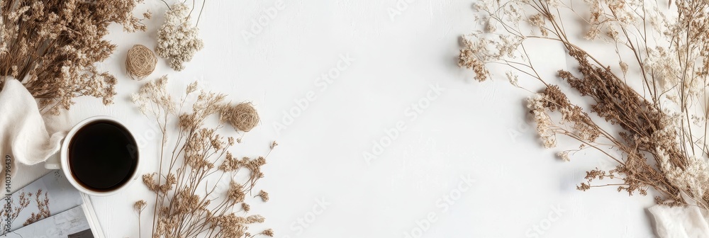 Poster captivating coffee moment with dried flowers and shadow patterns on a light surface showcasing tranq