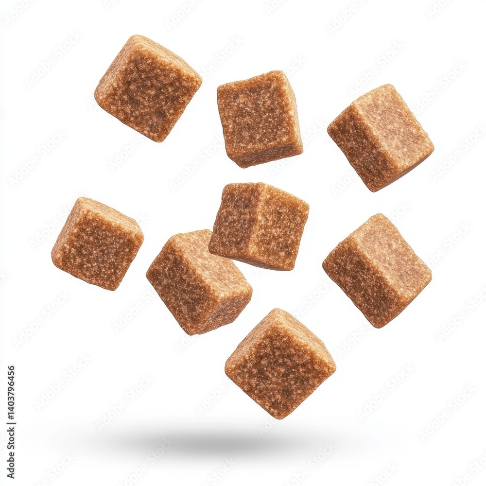 Poster floating brown sugar cubes in a clean white background studio shot with soft shadows and a high angl