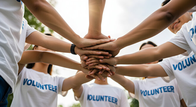 Diverse Volunteers Pile Hands in Symbolic Teamwork Wearing White Volunteer Shirts Outdoors on Sunny Day