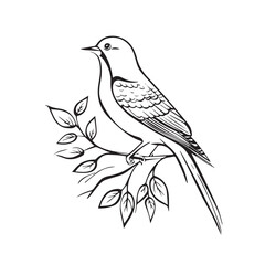 Obraz premium Illustration of a bird perched on a branch surrounded by leaves in a simple line art design