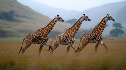 Obraz premium Three Giraffes Running Across the African Savannah