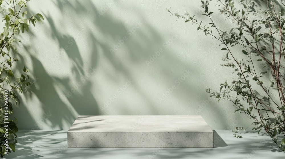 Poster modern minimalist display platform with soft shadows from nearby foliage in a neutral-toned environm