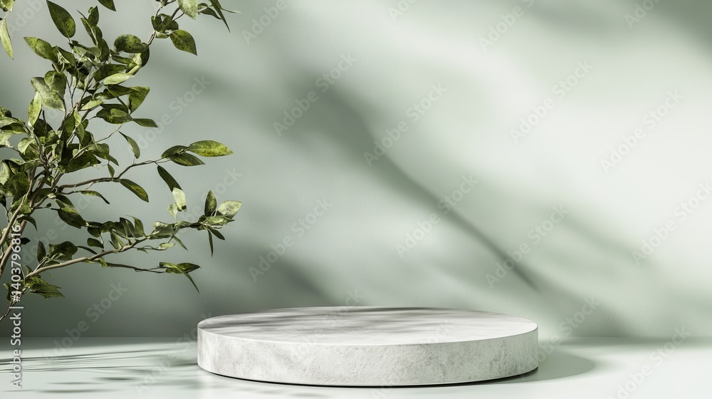 Poster modern minimalist display platform with soft shadows from nearby foliage in a neutral-toned environm