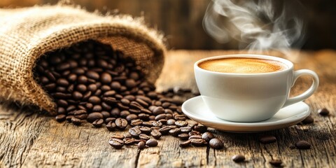 Aromatic coffee beans and a steaming hot cup